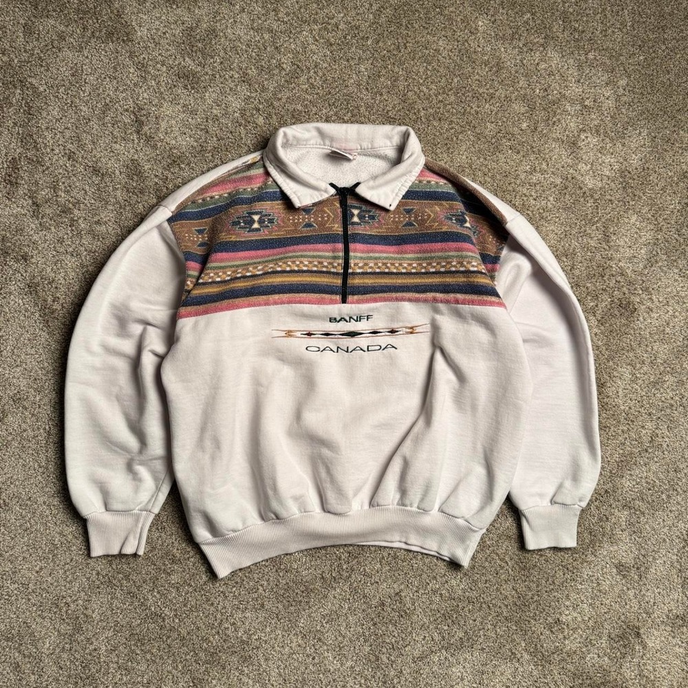 VINTAGE CITYSCAPE "BANFF" AZTEC COLOUR BLOCK QUARTER ZIP